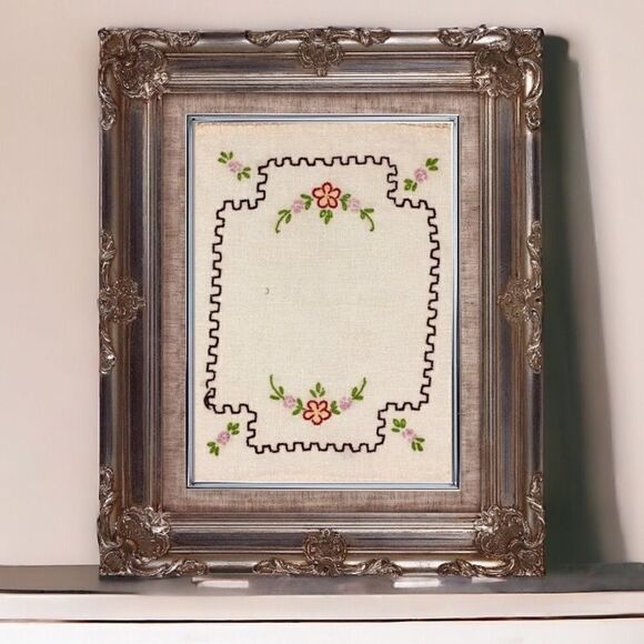Vintage Floral Embroidered Crochet Lace Trim Linen Doily Rectangle Dresser Scarf - Picture 4 of 14